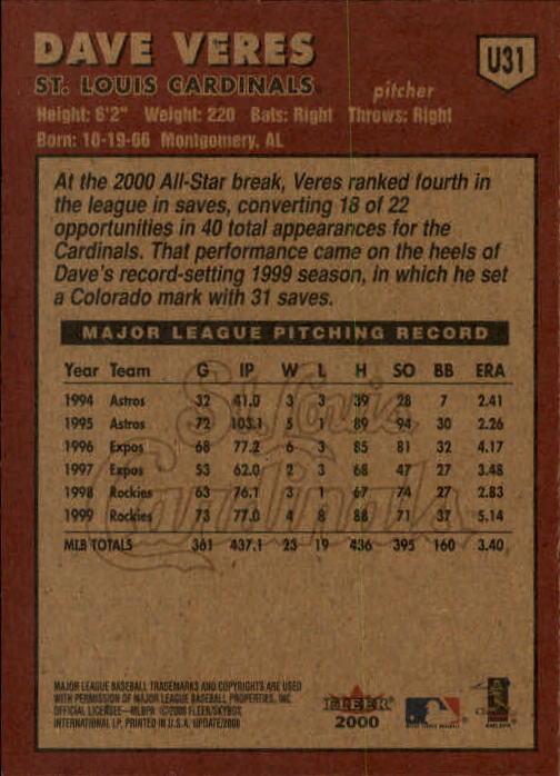 2000 Fleer Tradition Update Baseball "Main Set" Base Cards - Picture 61 of 297