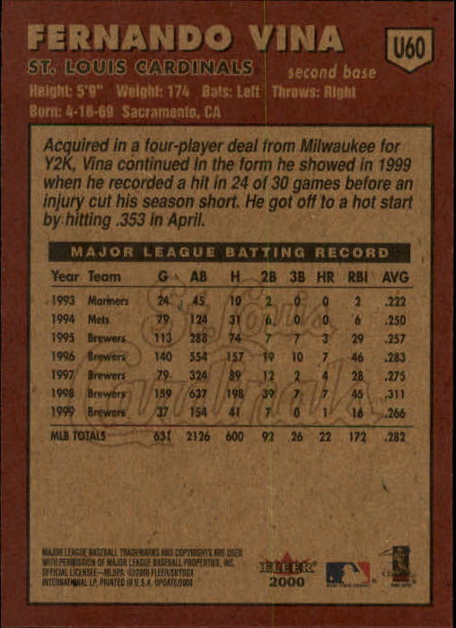 2000 Fleer Tradition Update Baseball "Main Set" Base Cards - Picture 117 of 297