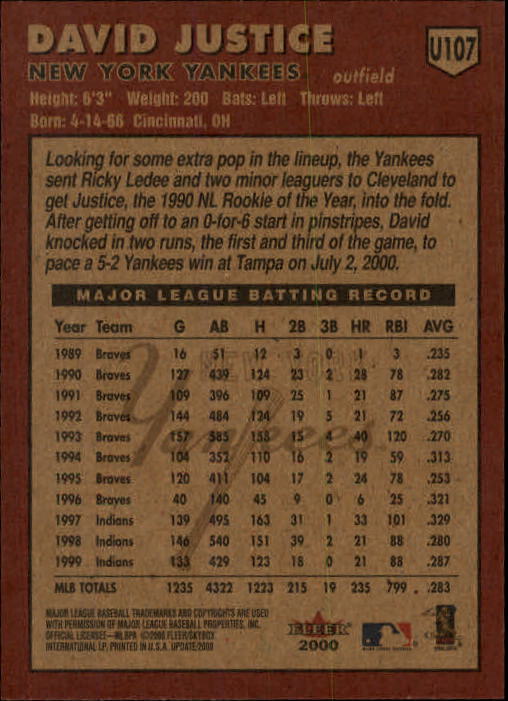 2000 Fleer Tradition Update Baseball "Main Set" Base Cards - Picture 211 of 297