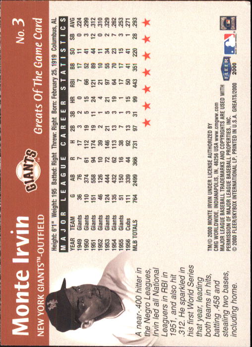 2000 Greats of the Game #3 Monte Irvin back image