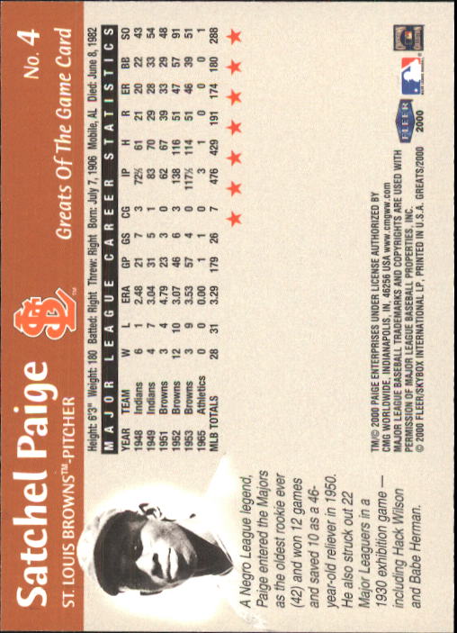 2000 Greats of the Game #4 Satchel Paige back image