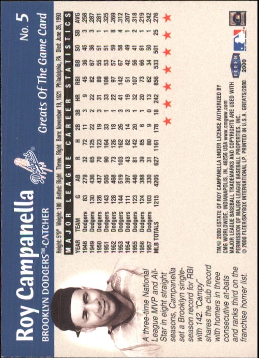 2000 Greats of the Game #5 Roy Campanella back image