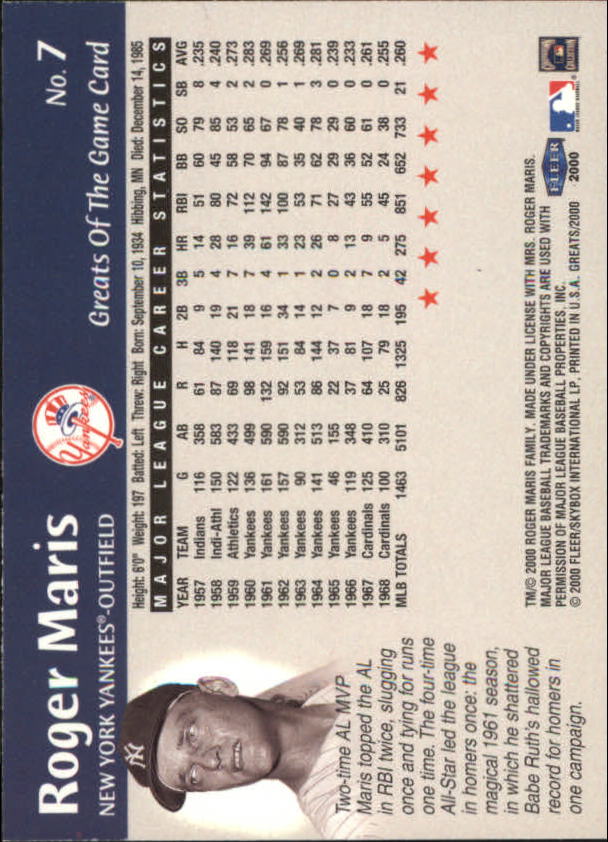 2000 Greats of the Game #7 Roger Maris back image