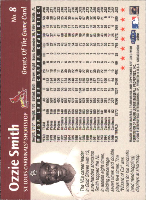 2000 Greats of the Game #8 Ozzie Smith back image