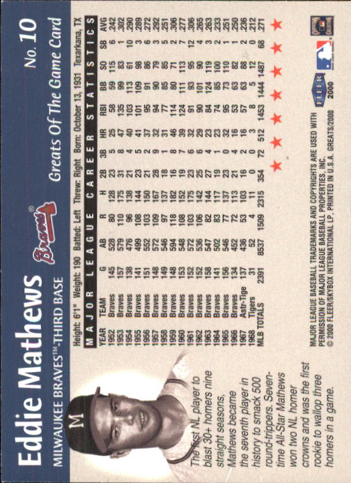2000 Greats of the Game #10 Eddie Mathews back image