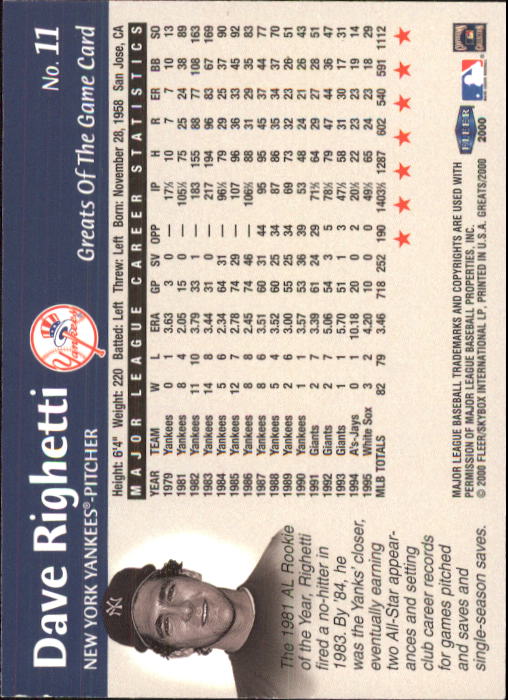 2000 Greats of the Game #11 Dave Righetti back image