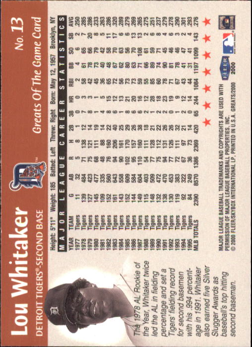 2000 Greats of the Game #13 Lou Whitaker back image
