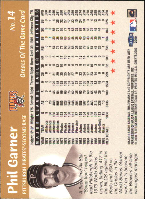 2000 Greats of the Game #14 Phil Garner back image