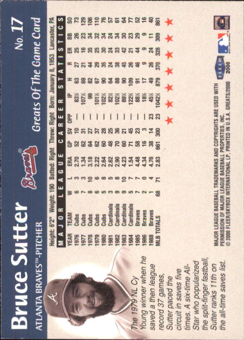 2000 Greats of the Game #17 Bruce Sutter back image