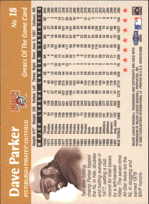 2000 Greats of the Game #18 Dave Parker back image