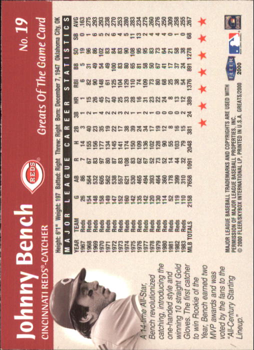 2000 Greats of the Game #19 Johnny Bench back image