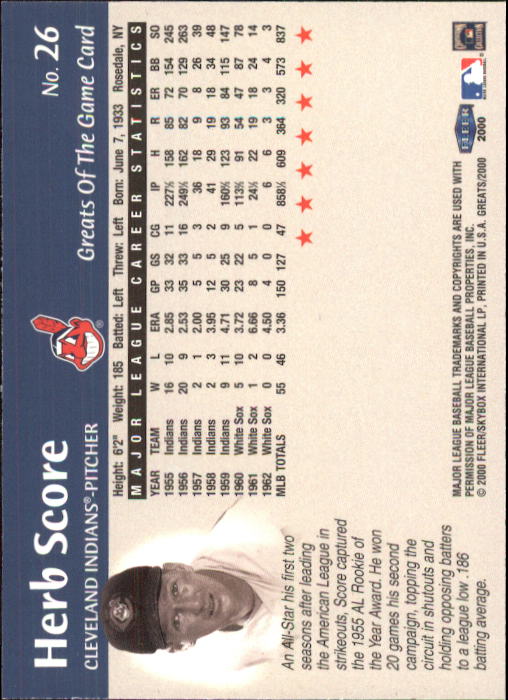 2000 Greats of the Game #26 Herb Score back image