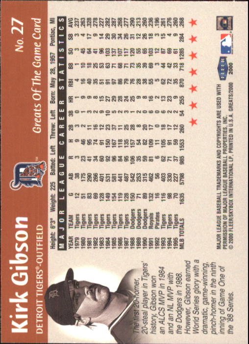 2000 Greats of the Game #27 Kirk Gibson back image