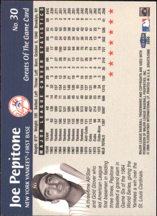 2000 Greats of the Game #30 Joe Pepitone back image