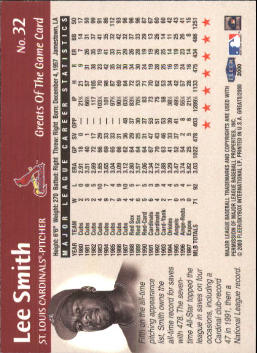 2000 Greats of the Game #32 Lee Smith back image