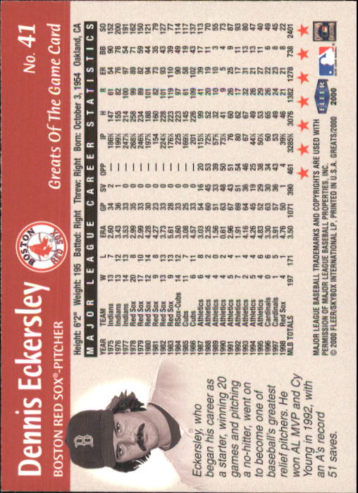 2000 Greats of the Game #41 Dennis Eckersley back image