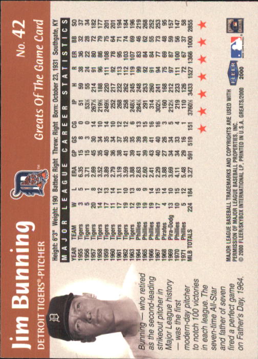 2000 Greats of the Game #42 Jim Bunning back image