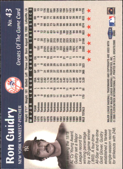 2000 Greats of the Game #43 Ron Guidry back image