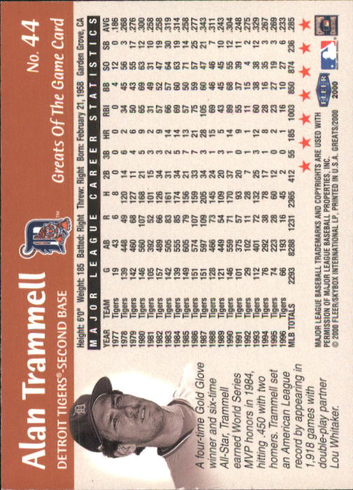 2000 Greats of the Game #44 Alan Trammell back image