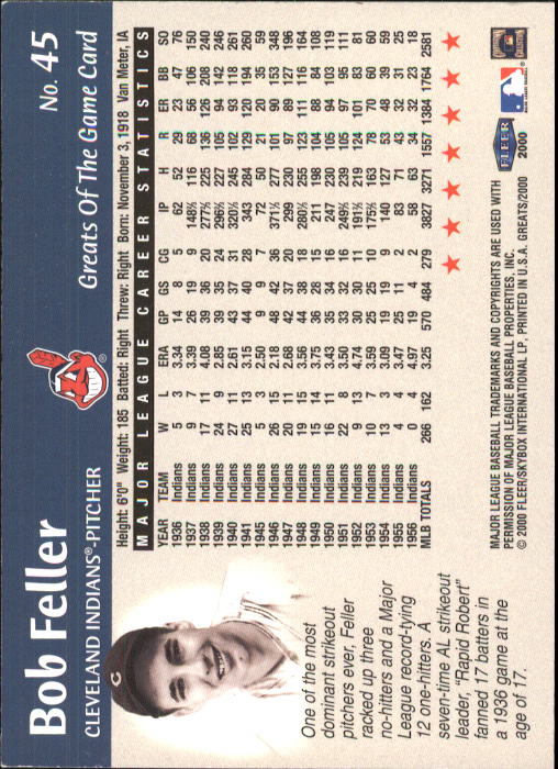 2000 Greats of the Game #45 Bob Feller back image