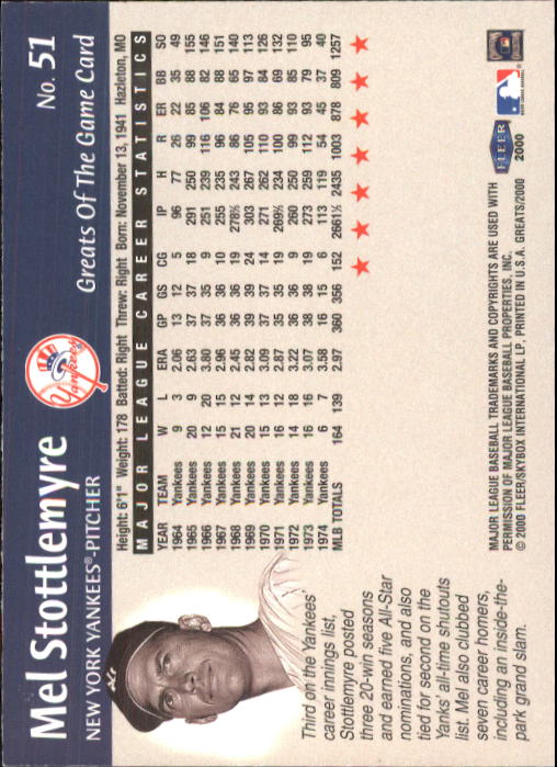2000 Greats of the Game #51 Mel Stottlemyre back image