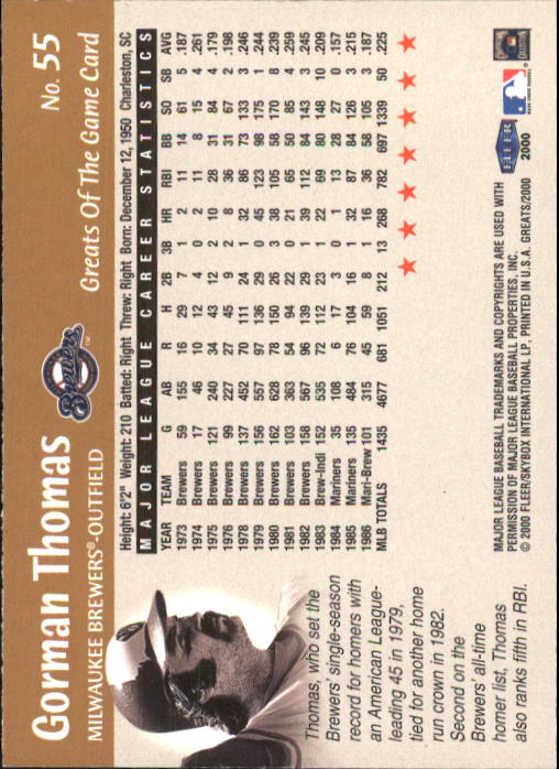 2000 Greats of the Game #55 Gorman Thomas back image