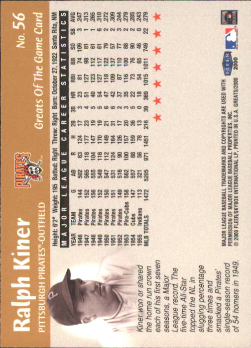 2000 Greats of the Game #56 Ralph Kiner back image