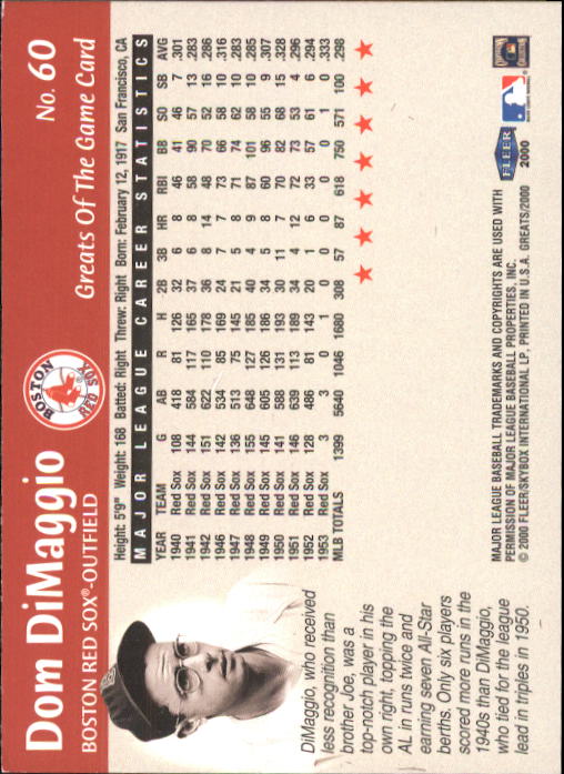 2000 Greats of the Game #60 Dom DiMaggio back image