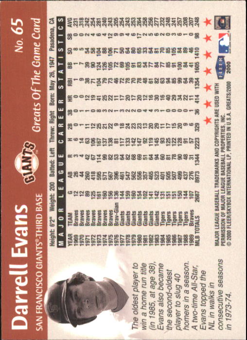 2000 Greats of the Game #65 Darrell Evans back image