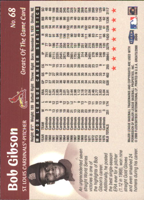 2000 Greats of the Game #68 Bob Gibson back image