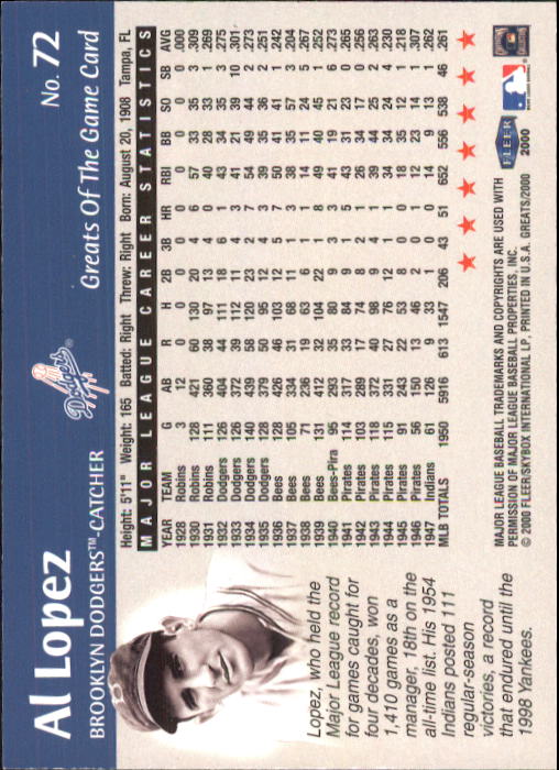 2000 Greats of the Game #72 Al Lopez back image