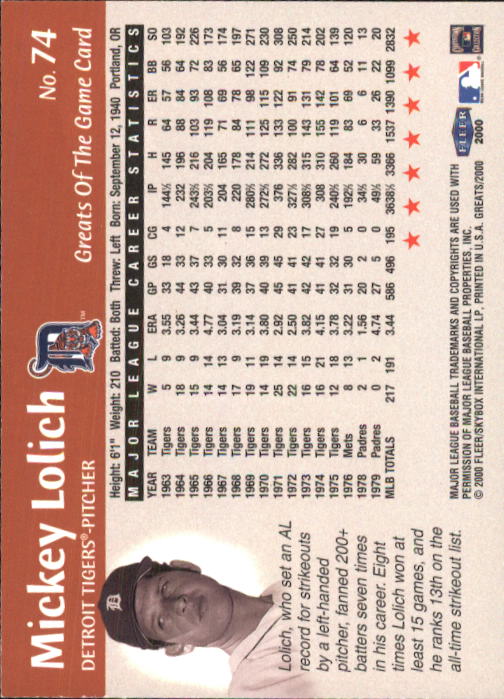 2000 Greats of the Game #74 Mickey Lolich back image