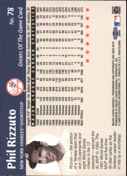2000 Greats of the Game #78 Phil Rizzuto back image
