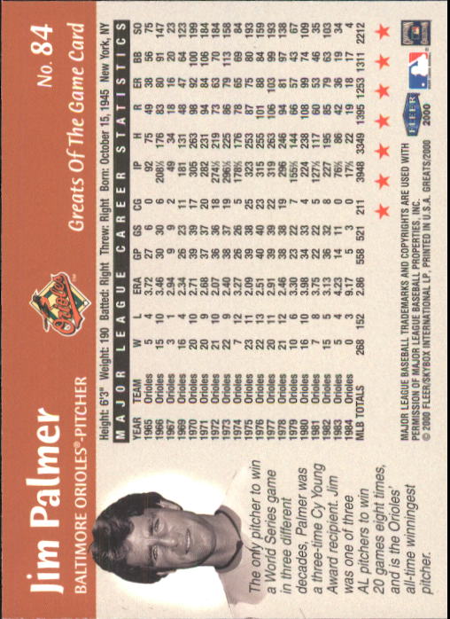 2000 Greats of the Game #84 Jim Palmer back image