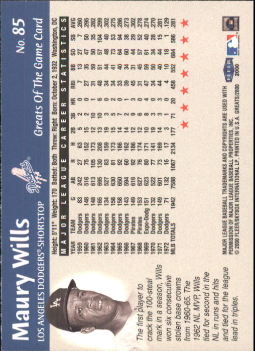 2000 Greats of the Game #85 Maury Wills back image