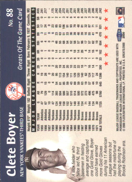 2000 Greats of the Game #88 Clete Boyer back image