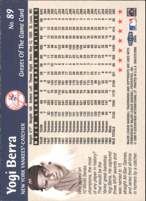 2000 Greats of the Game #89 Yogi Berra back image