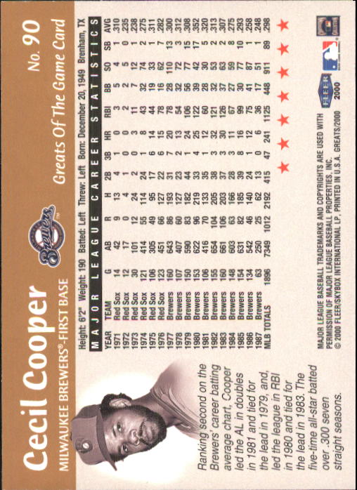 2000 Greats of the Game #90 Cecil Cooper back image