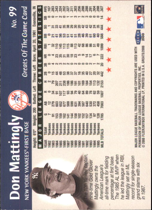 2000 Greats of the Game #99 Don Mattingly back image