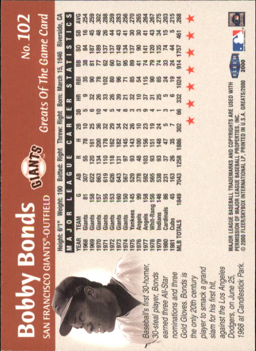 2000 Greats of the Game #102 Bobby Bonds back image