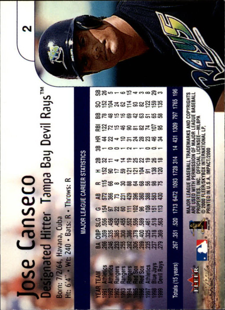 Jose Canseco signed Baseball Card (Tampa Bay Devil Rays) 2000 Skybox #9