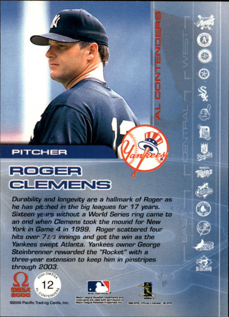 2000 Pacific Omega AL/NL Contenders #AL12 Roger Clemens back image