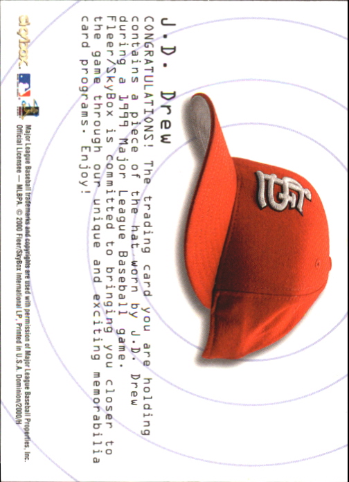 2000 SkyBox Dominion Hats Off #3 J.D. Drew back image