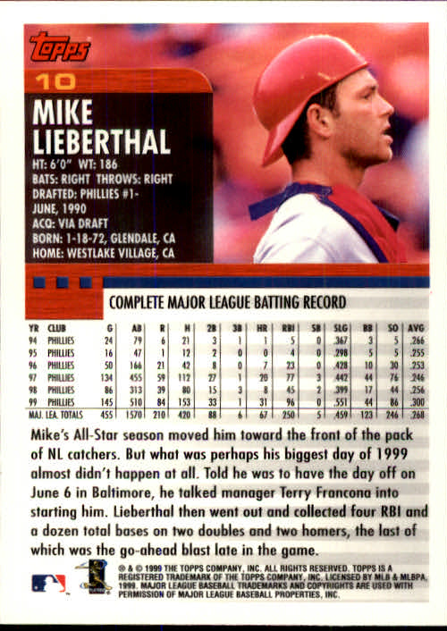 2000 Topps #10 Mike Lieberthal back image
