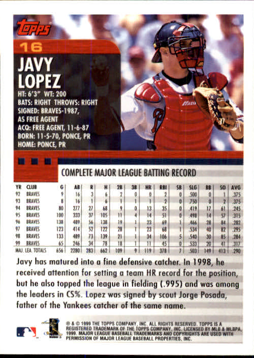 2000 Topps #16 Javy Lopez back image