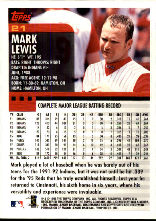 2000 Topps #21 Mark Lewis back image