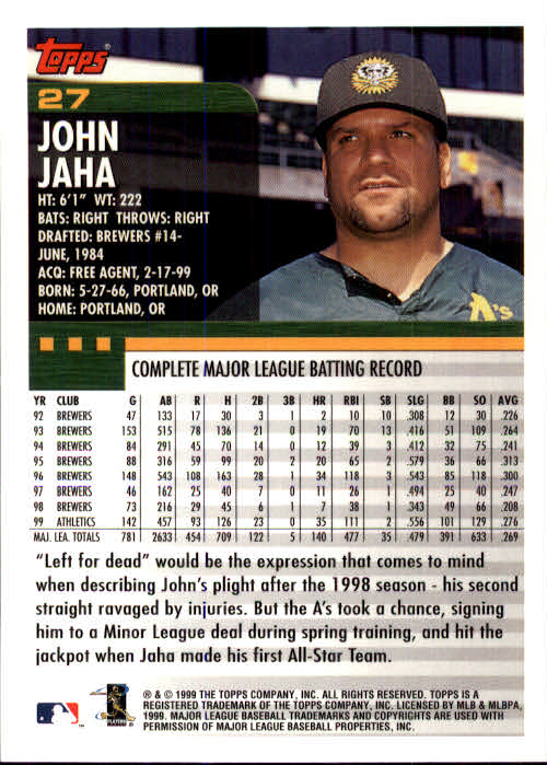 2000 Topps #27 John Jaha back image