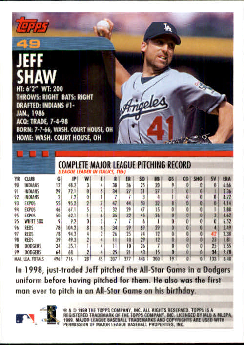 2000 Topps #49 Jeff Shaw back image