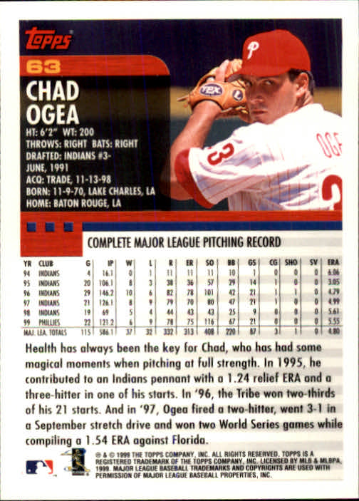 2000 Topps #63 Chad Ogea back image