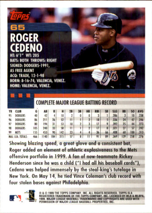 2000 Topps #65 Roger Cedeno back image